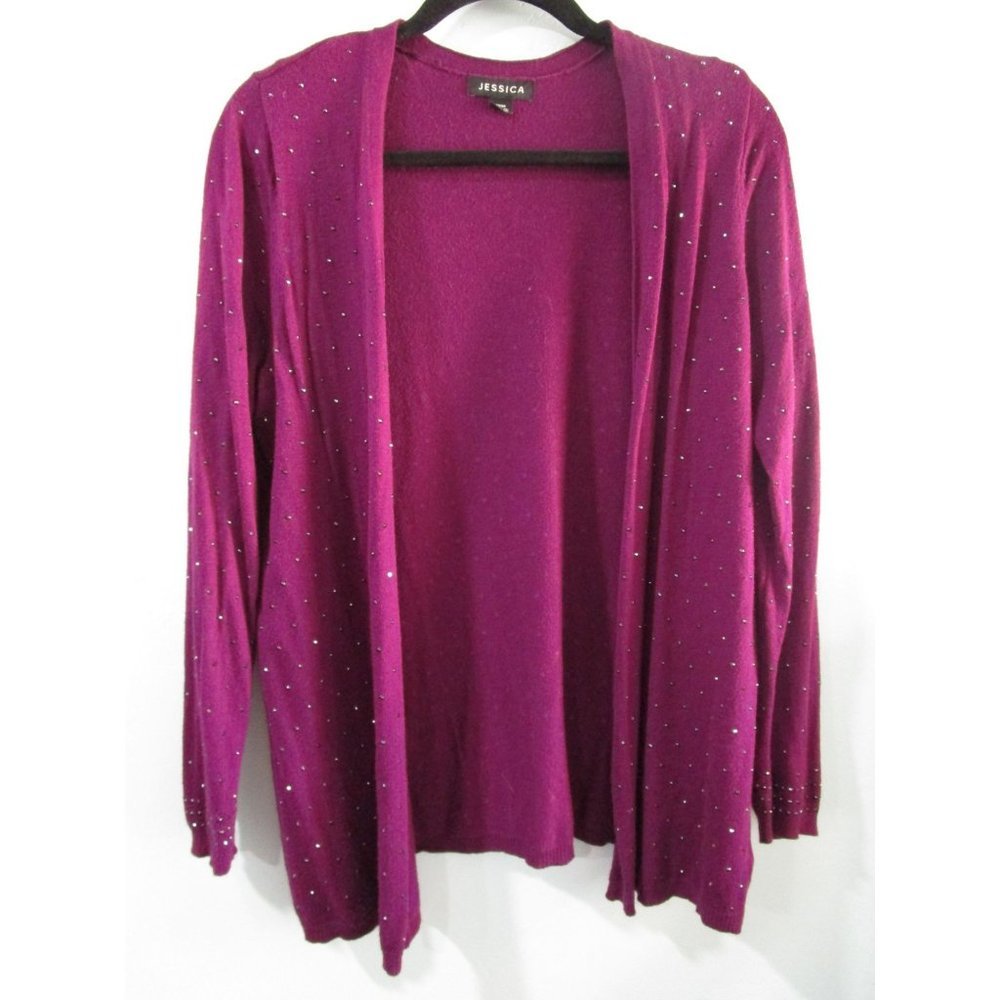 Jessica Purple Jet Rhinestone Open Cardigan Sweater Ladies M Long Sleeve GUC